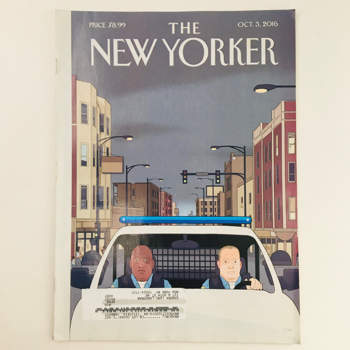 The New Yorker October 3 2016 full magazine featuring an illustrated cover by Chris Ware, depicting two characters in a police car against an urban backdrop.