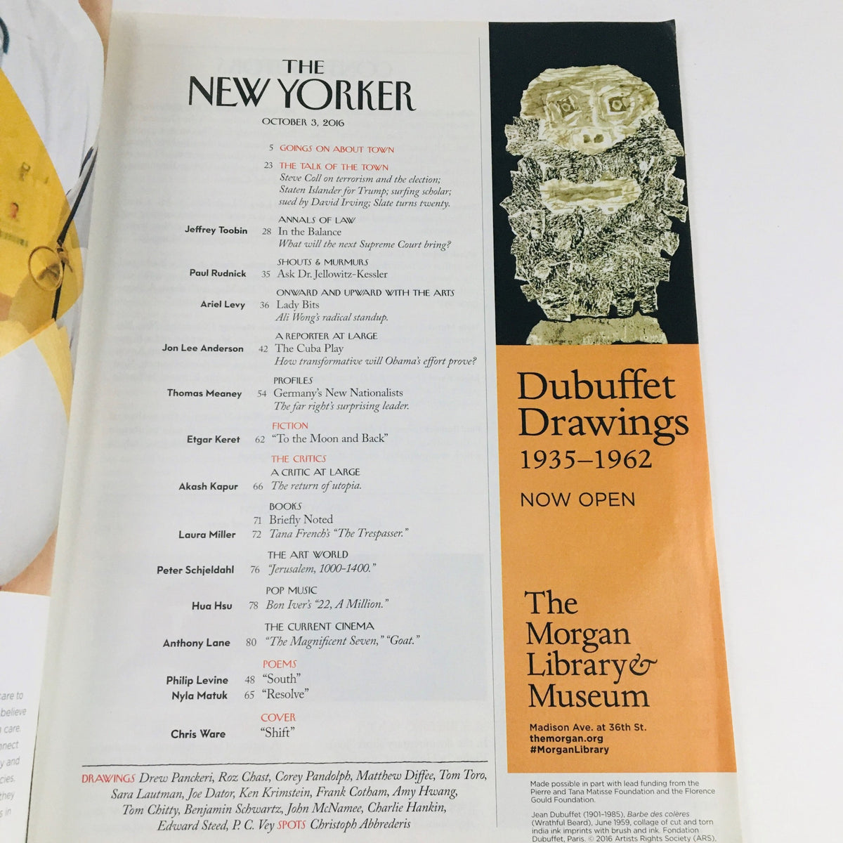 Interior page of The New Yorker October 3 2016 issue, showcasing the table of contents and an advertisement for Dubuffet Drawings at The Morgan Library & Museum.