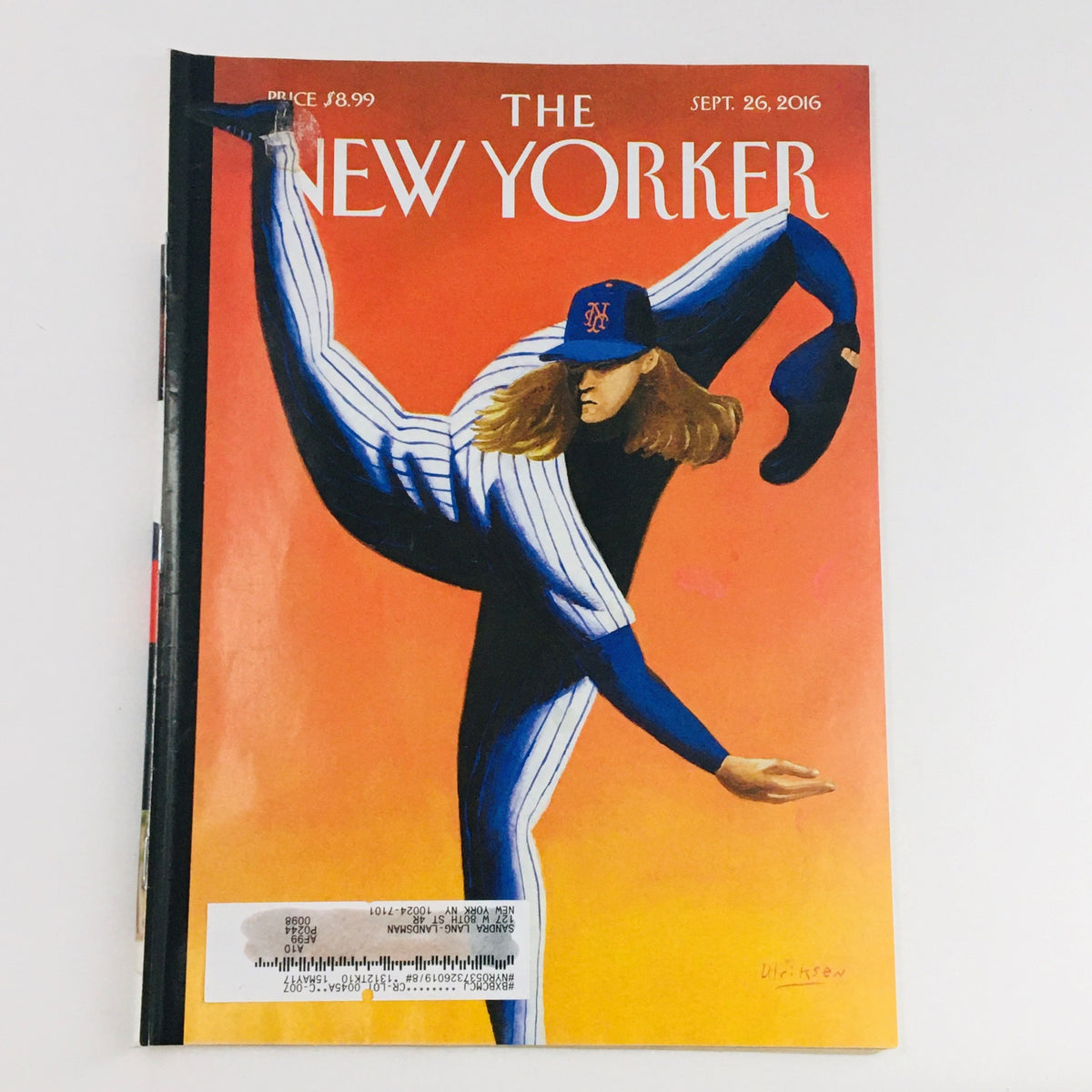 The New Yorker September 26 2016 Full Magazine Cover featuring striking artwork by Mark Ulriksen, showcasing a figure dressed in New York Mets attire against a vibrant orange background.