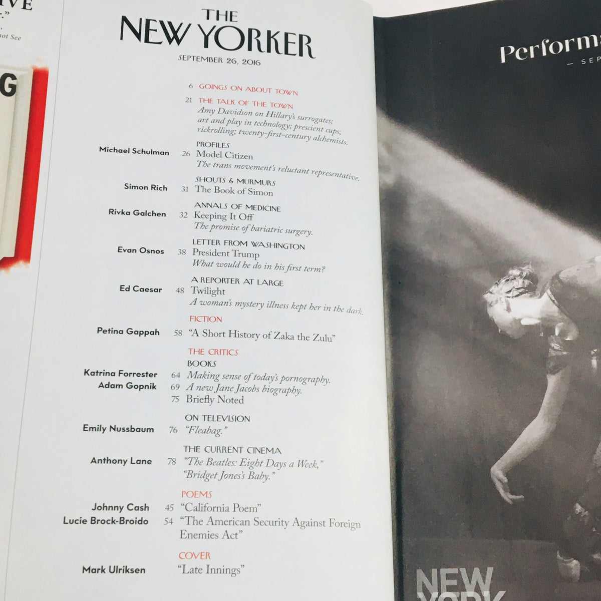 Table of Contents from The New Yorker September 26 2016 magazine edition, listing various articles and features including contributions from notable writers.