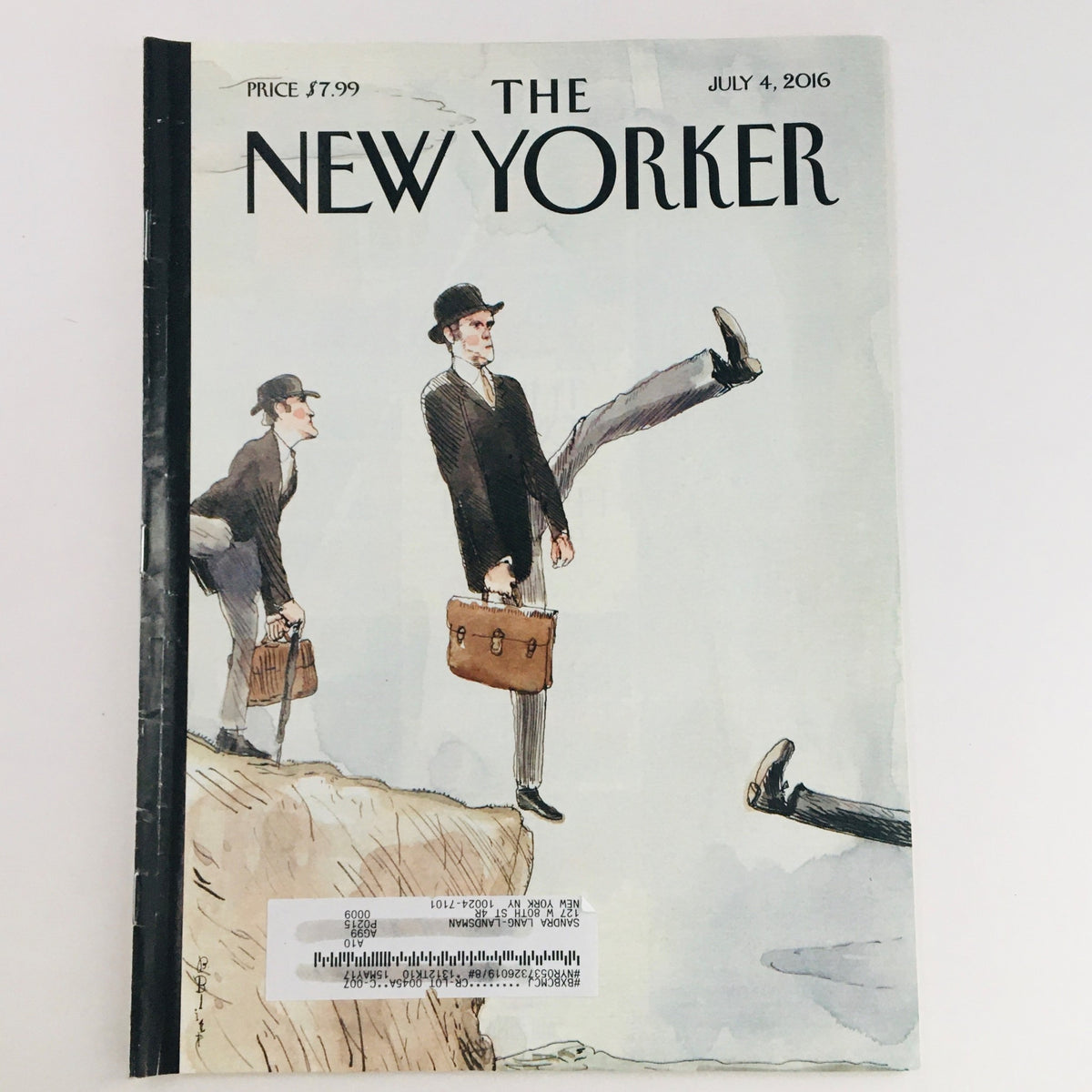 The New Yorker July 4 2016 Full Magazine Theme Cover by Barry Blitt showcasing three men in suits walking on the edge of a cliff, depicting the essence of American independence.