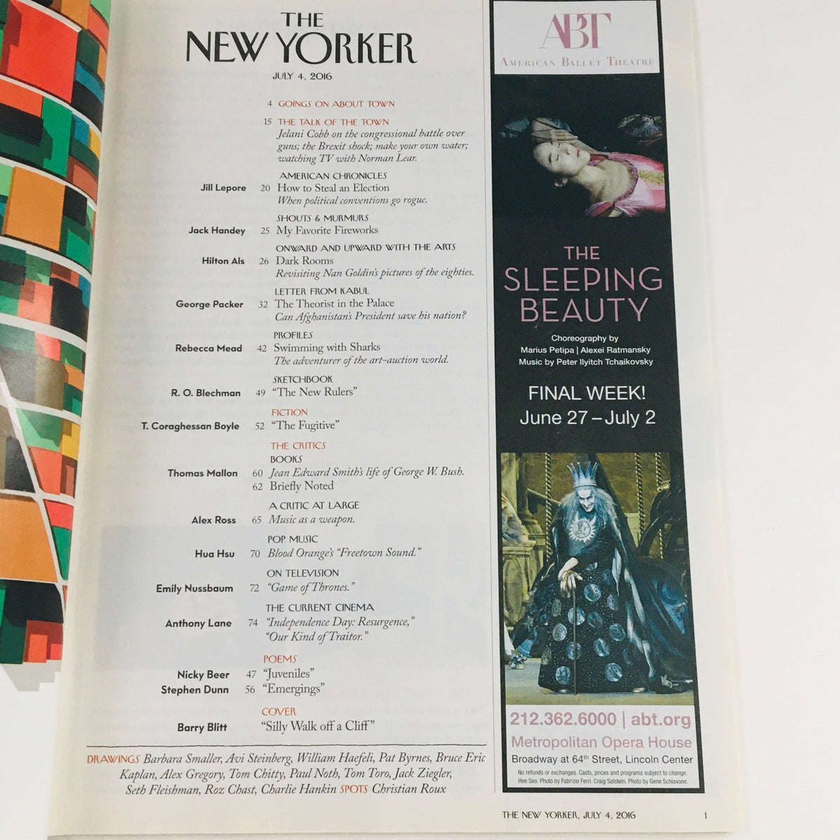 The inside page of The New Yorker July 4 2016 magazine featuring the table of contents, contributions from various writers, and the iconic cover art by Barry Blitt.