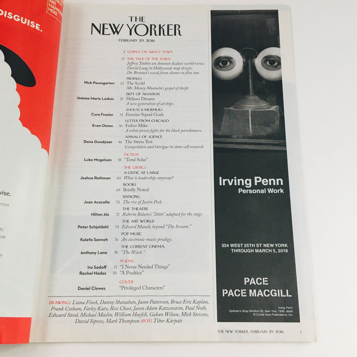 The New Yorker February 29 2016 interior page showcasing the magazine's table of contents and advertising section.