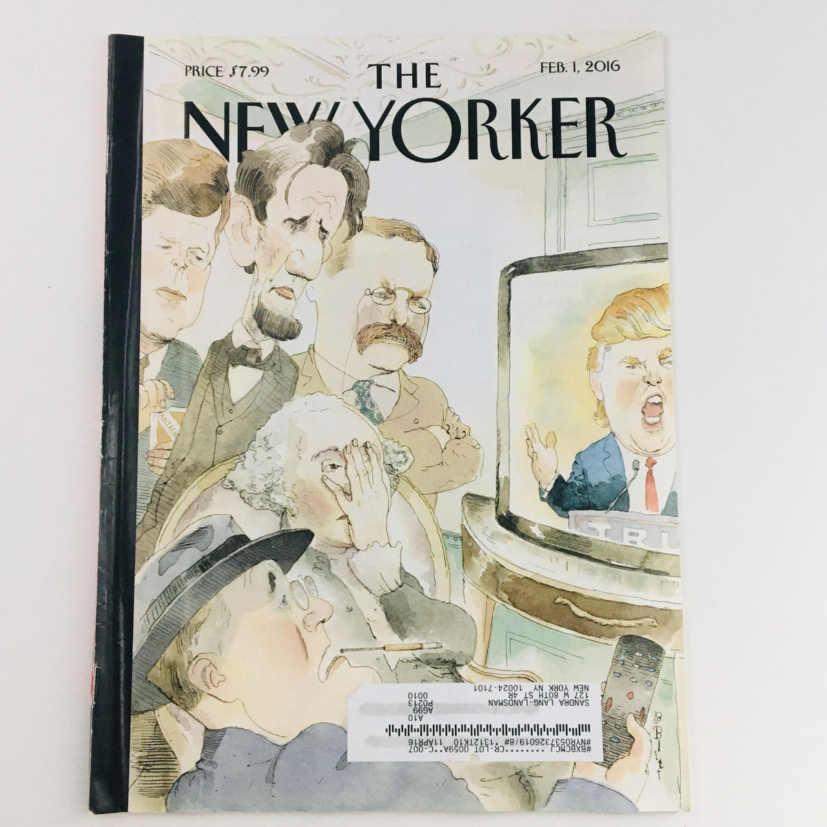 Cover of The New Yorker February 1 2016, featuring artwork by Barry Blitt, depicting a satirical scene with characters in conversation, including a television broadcasting Donald Trump.