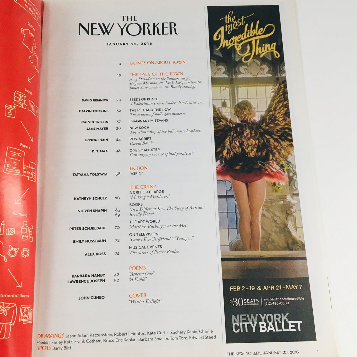 The New Yorker January 25 2016 interior page showcasing the table of contents with various articles and advertisements, highlighting the magazine's diverse content.
