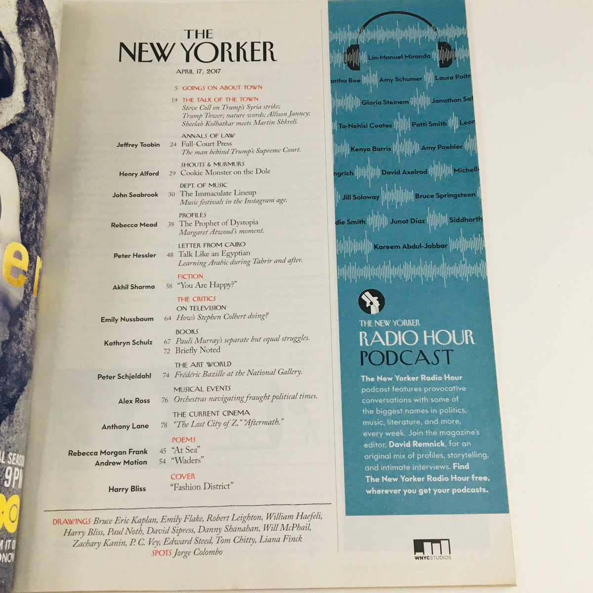 The New Yorker April 17 2017 Table of Contents page showcasing articles and features including a reference to Harry Bliss.
