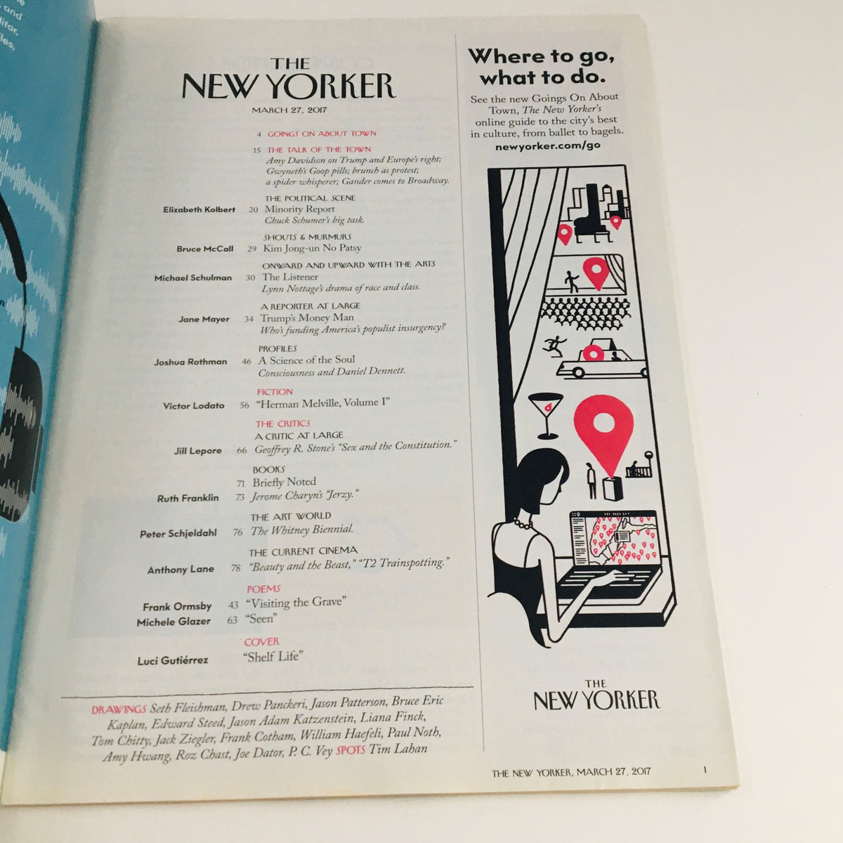 The New Yorker March 27 2017 magazine inside page showcasing the contents and contributors, including Luci Gutiérrez.