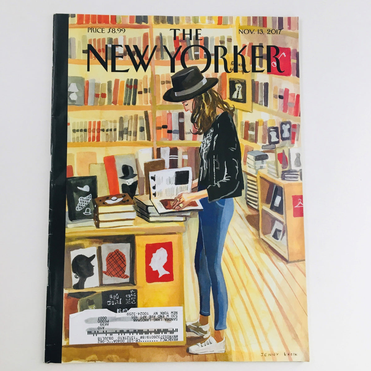 The New Yorker November 13 2017 Full Magazine featuring a colorful cover by Jenny Kroik depicting a woman browsing in a bookstore, showcasing her artistic style and theme of cultural commentary.