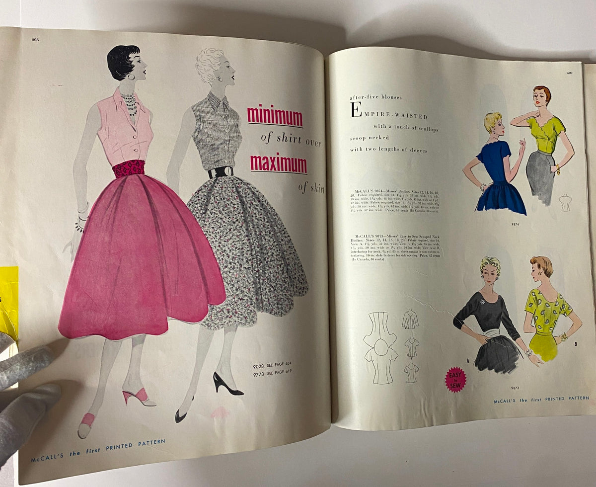 1954 July McCall's The First Printed Pattern illustrating a page featuring women in stylish skirts and blouses, highlighting vintage fashion trends and patterns.