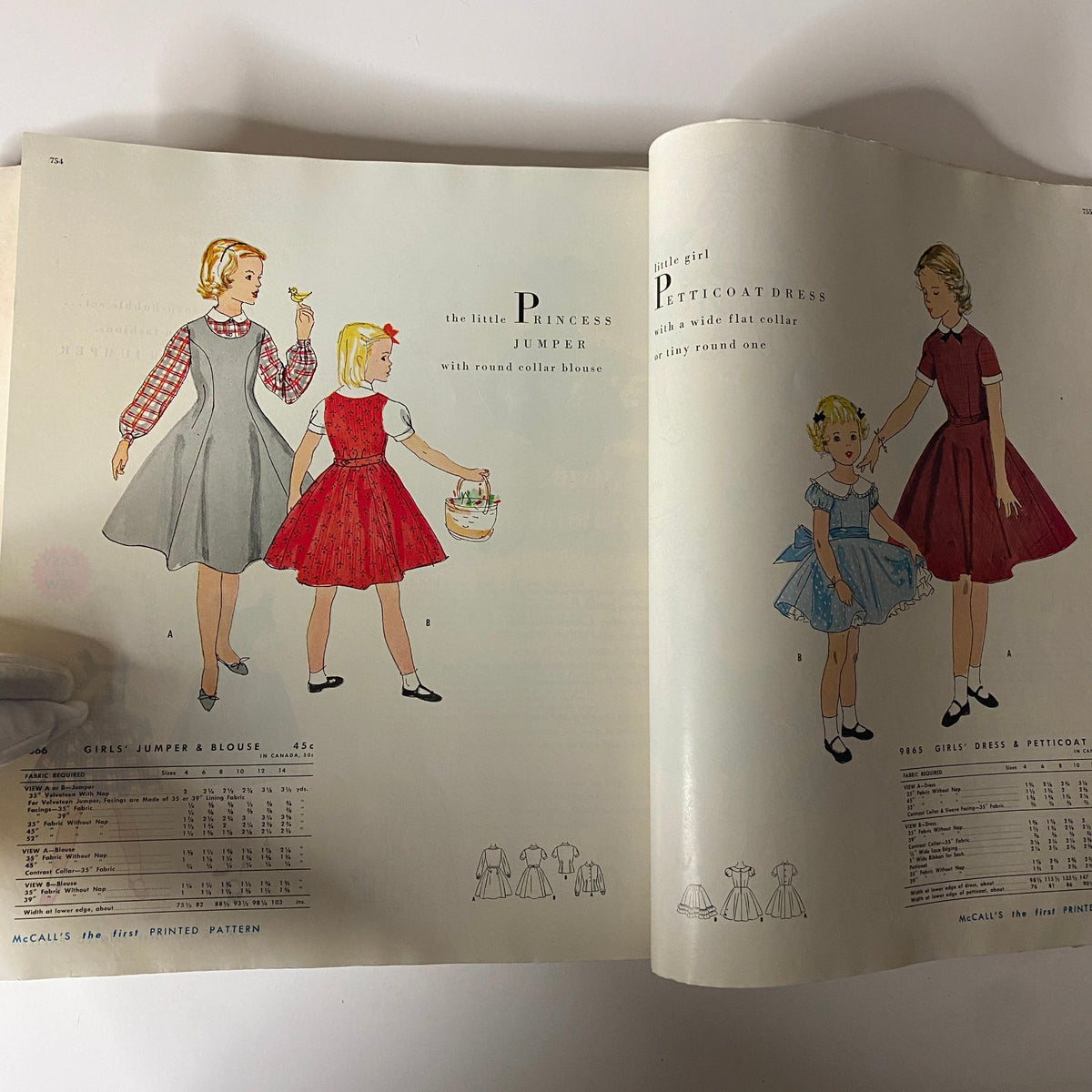 Charming illustrations from the 1954 July McCall's catalog featuring girls' fashion, including a princess jumper and a petticoat dress. A significant catalog that marked McCall's first printed patterns for children's wear.