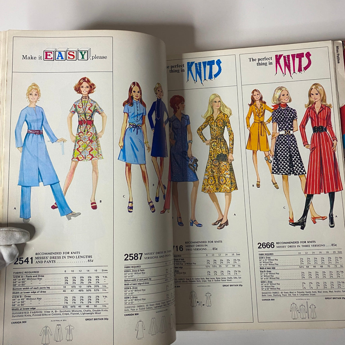 1971 McCall's Holiday Issue Catalog image featuring colorful dress patterns for Misses' in two lengths with detailed descriptions for fabric requirements.