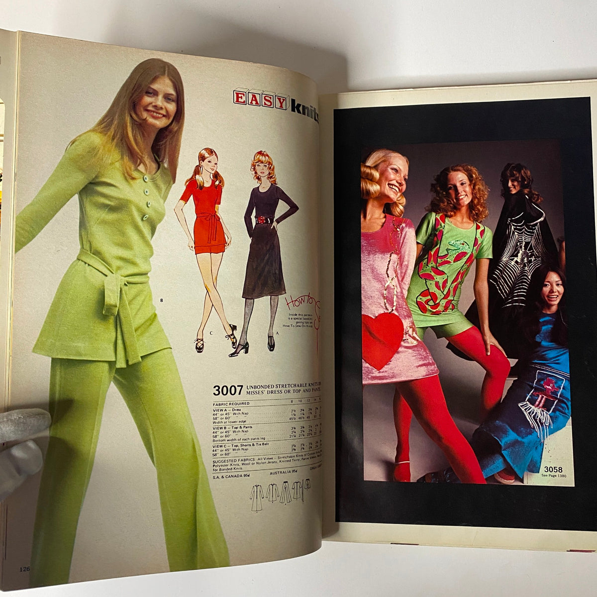 Page from the 1972 McCall's School Spring Catalog showcasing models wearing trendy knit outfits, highlighting the casual and colorful styles popular in spring fashion of the 1970s.