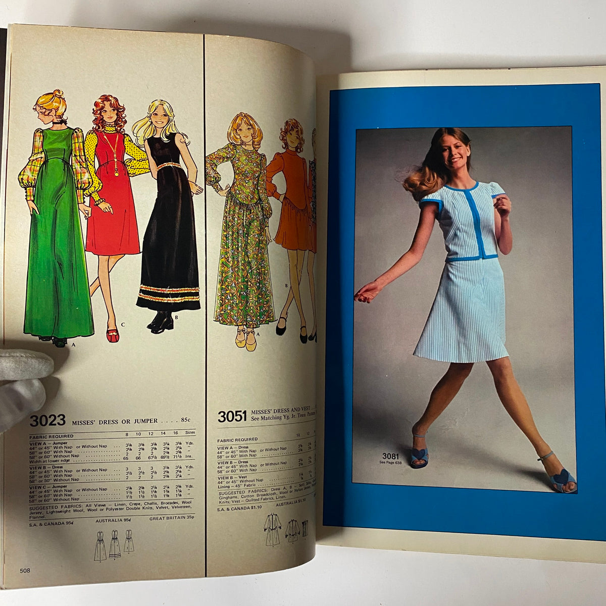 A spread from the 1972 McCall's School Spring Catalog displaying various Misses' dress designs, showcasing bold colors and patterns characteristic of 1970s fashion.