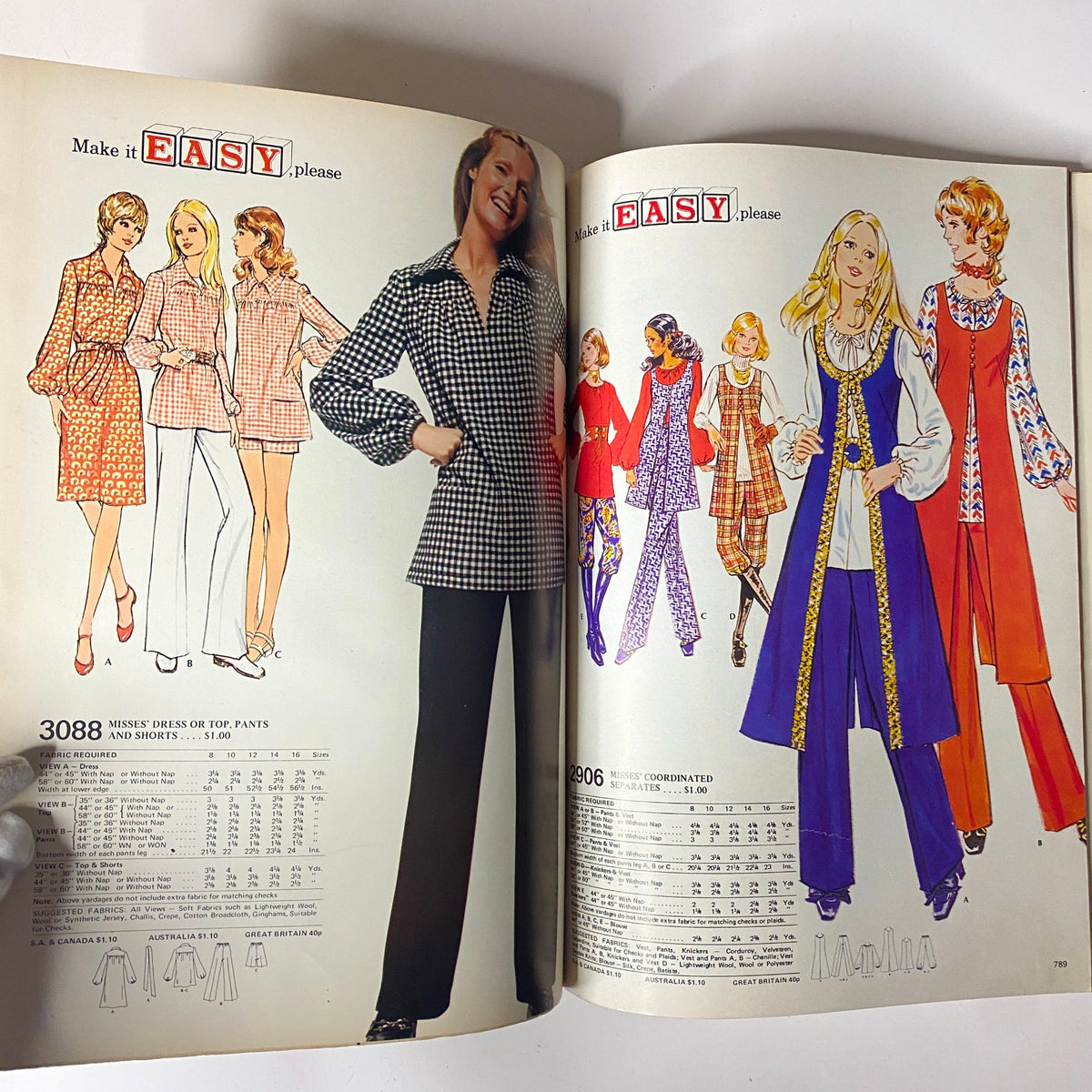 1972 McCall's School Spring Huge Store Retail Counter Catalog showcasing colorful fashion illustrations for Misses' dresses, pants, and shorts, reflecting the vibrant style of the early '70s.
