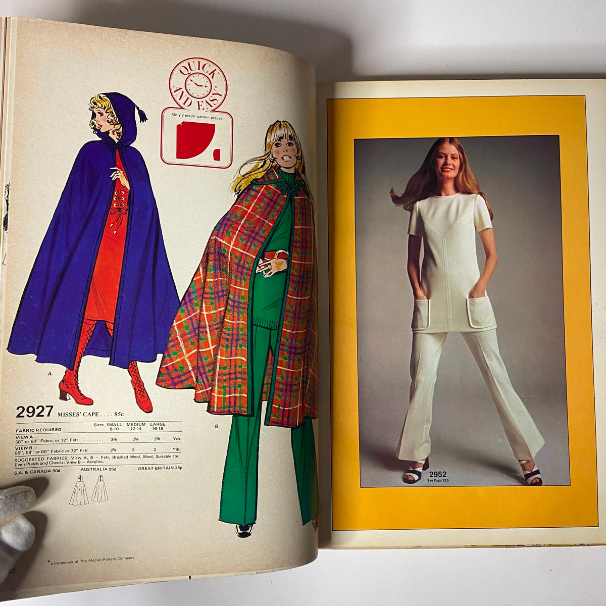 1972 April McCall's catalog showcasing stylish Misses' capes and a chic white ensemble. Vintage fashion patterns highlighting early ‘70s style.