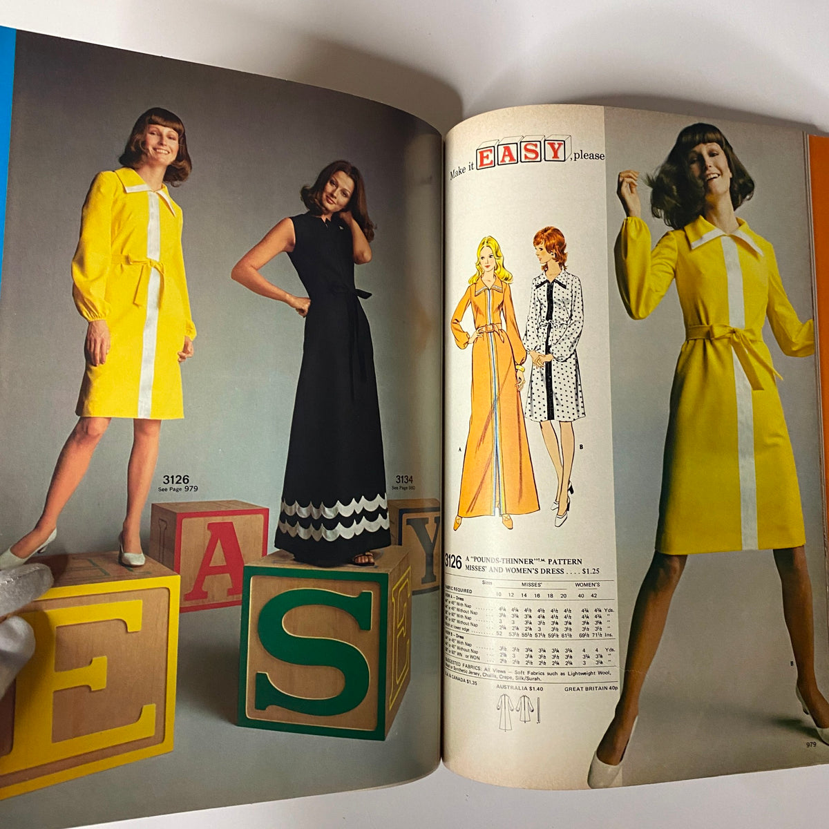 1972 April McCall's Catalog featuring stylish dresses on models, highlighting the bold colors and designs of the early 70s fashion.