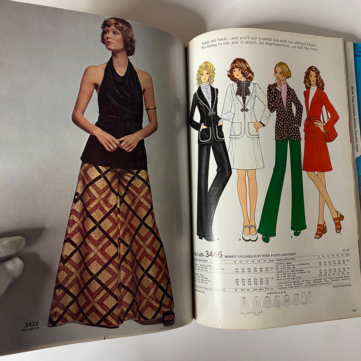 1972 McCall's Holiday Huge Store Retail Counter Catalog presenting a model in a chic ensemble with a glamorous long skirt, showcasing the trend of mixing formal and casual styles.