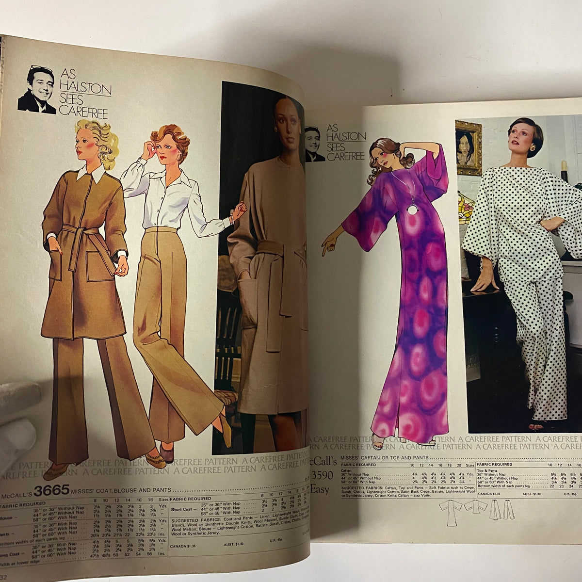 1973 July - August McCall's Carefree Patterns Catalog displaying elegant fashion illustrations. The collection includes chic, modern designs such as a sleek coat and fashionable outfits from the 1970s.