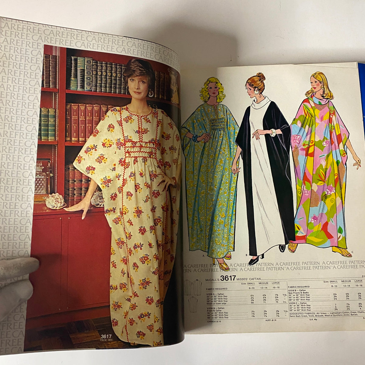 1973 July - August McCall's Carefree Patterns Catalog showing a model in a stunning caftan and variations of diverse patterns suitable for summer, emphasizing the carefree style of 1970s fashion.