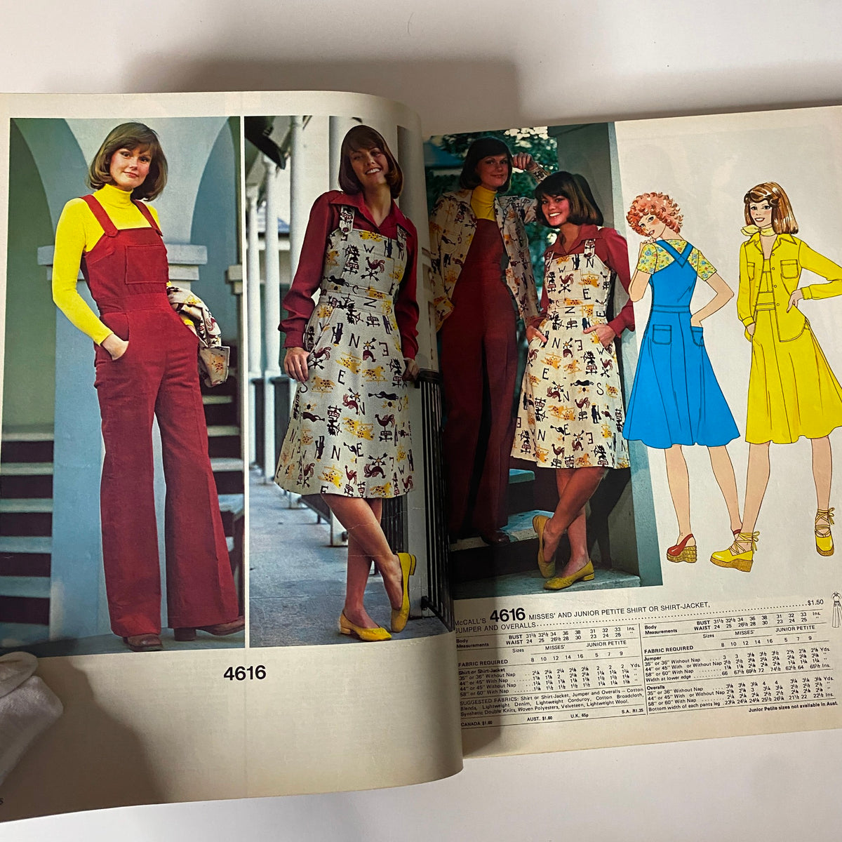 Image from 1975 October Carefree Patterns from McCall's Catalog showcasing women in stylish Misses’ and Junior dresses, overalls, and jackets, emphasizing mid-1970s fashion trends.