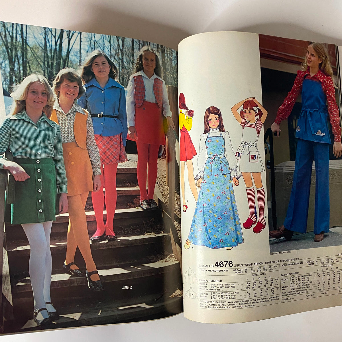 1975 October Carefree Patterns from McCall's - Colorful image featuring young girls displaying various outfits, including aprons and coordinated pieces, highlighting patterns from the McCall's catalog.