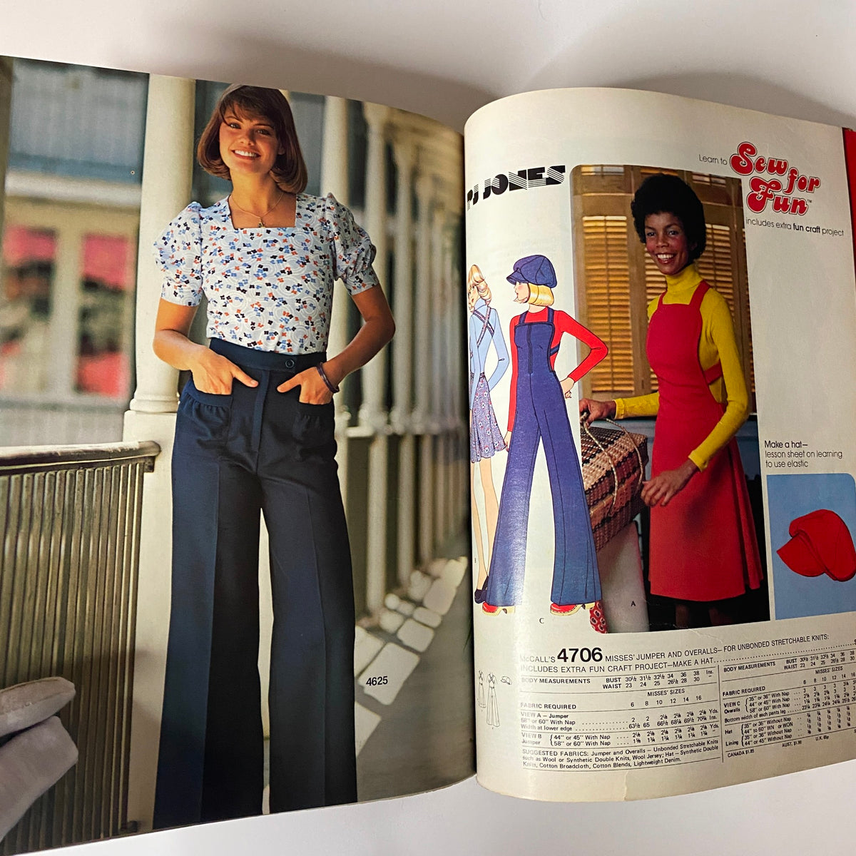 1975 October Carefree Patterns from McCall's - Female models showcasing a floral top and overall styles, demonstrating popular 1970s fashion trends from McCall's sewing patterns.