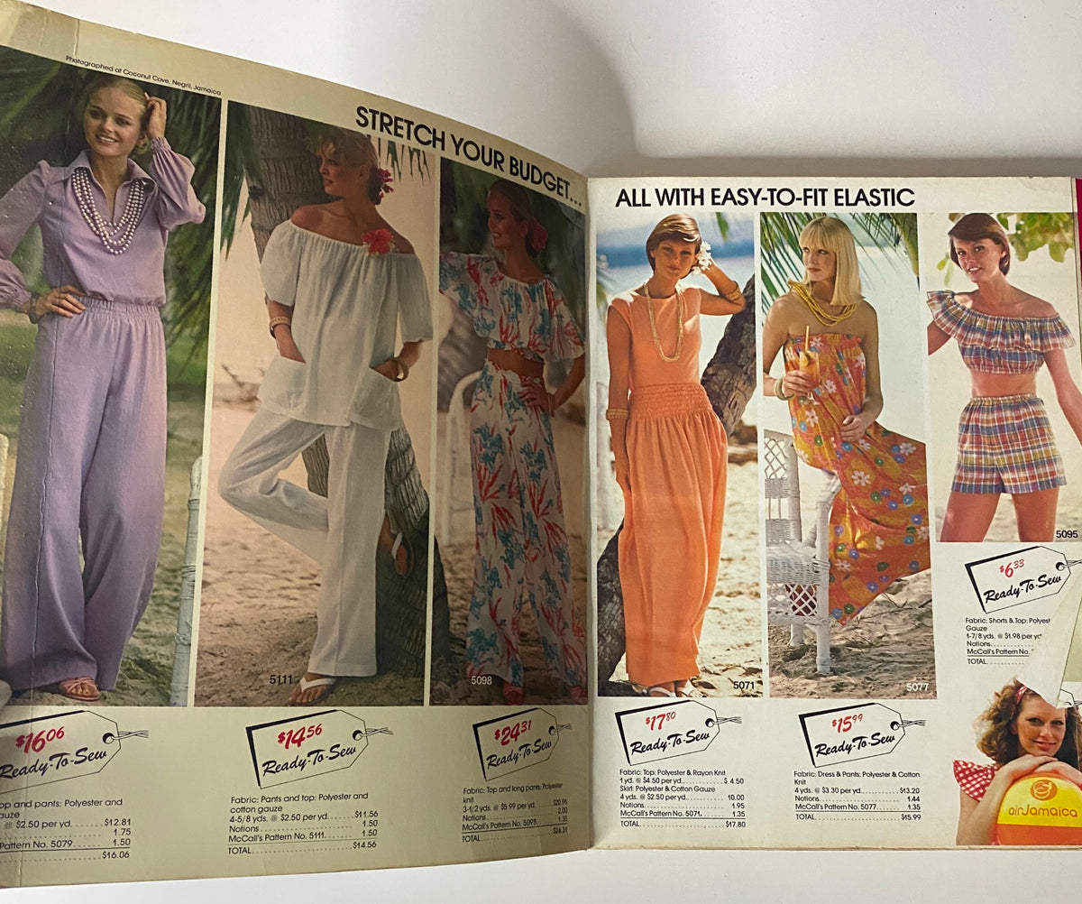 Two-page spread from the 1975 July-August Carefree Patterns McCall's Catalog displaying multiple models in stylish summer clothing, emphasizing easy sewing techniques with elastic features.
