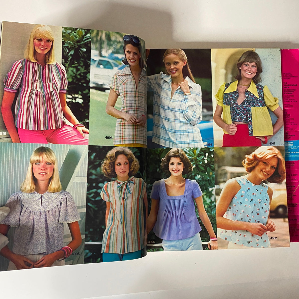 1975 July-August Carefree Patterns McCall's Catalog featuring a vibrant collection of summer blouses and tops. The image highlights various styles and patterns worn by models, ideal for vintage fashion enthusiasts.
