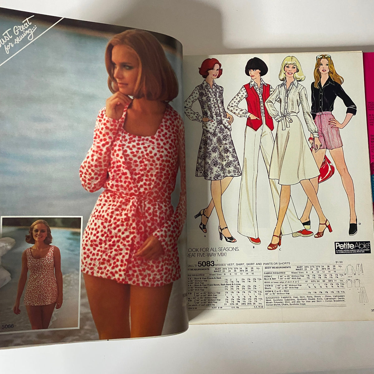 1975 July-August Carefree Patterns McCall's Catalog displaying stylish swimwear and dresses. The image includes a retro-inspired model and illustrated fashion options for the summer season.