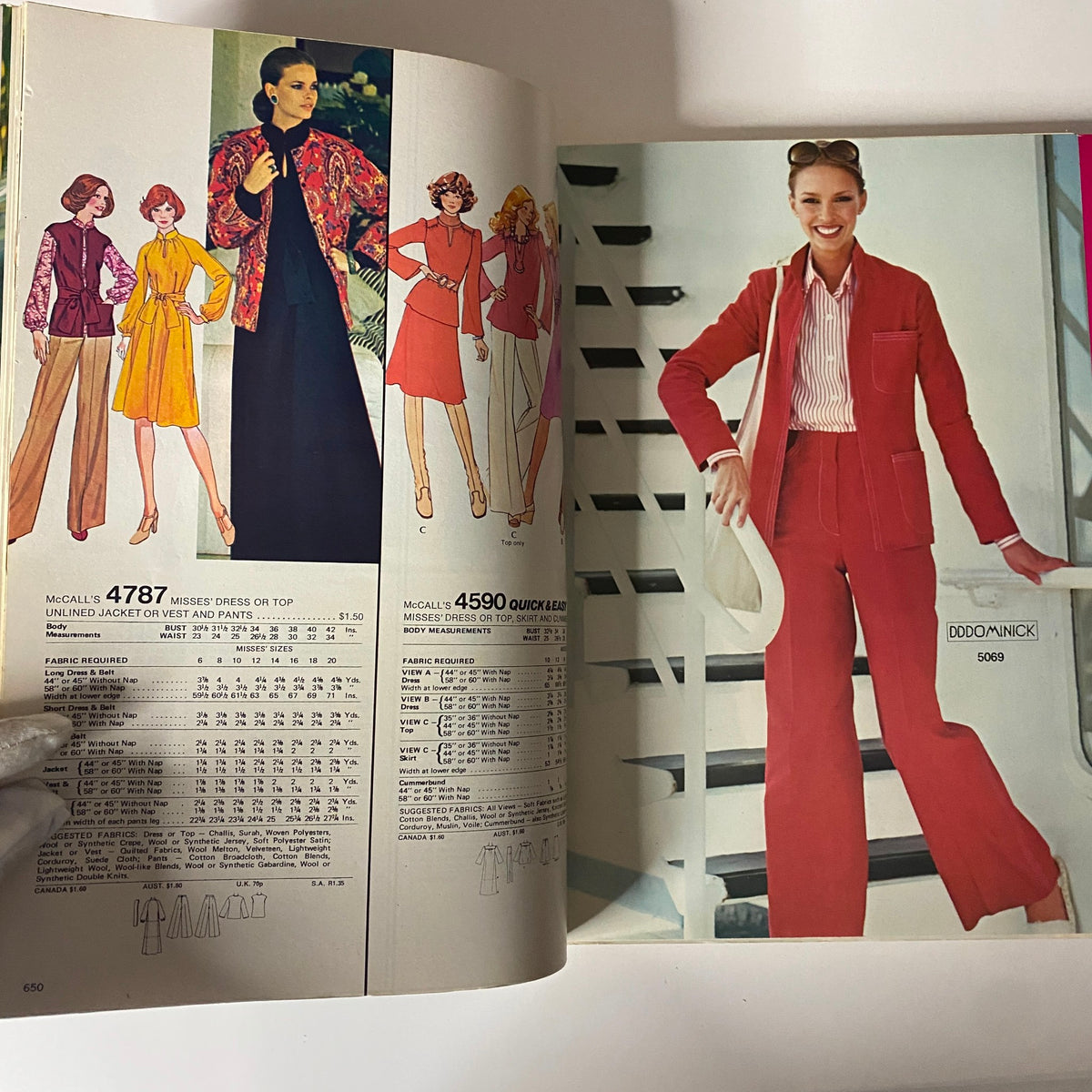 1975 July-August Carefree Patterns McCall's Catalog with a look at elegant dresses and tailored outfits. The image highlights printed patterns and contemporary cuts from the 1970s fashion era.