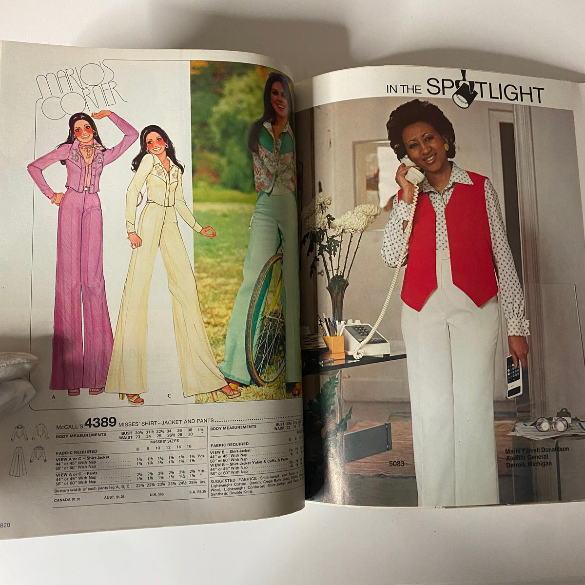 1975 July-August Carefree Patterns McCall's Catalog showcasing two women modeling colorful outfits with stylish jackets and pants, highlighting summer fashion trends.