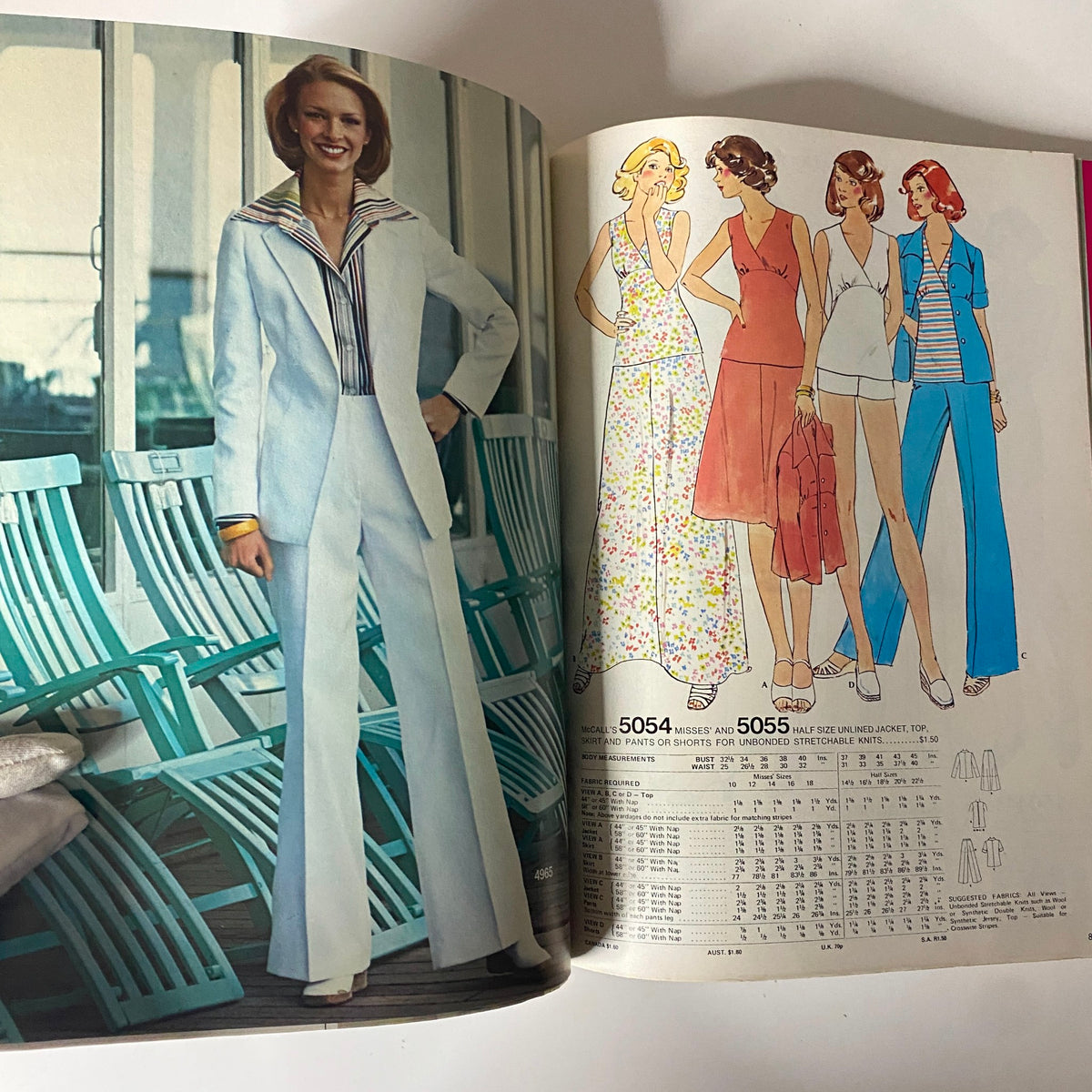 1975 July-August Carefree Patterns McCall's Catalog featuring a woman in a chic white suit and a variety of casual summer outfits modeled by women, emphasizing versatile sewing patterns.