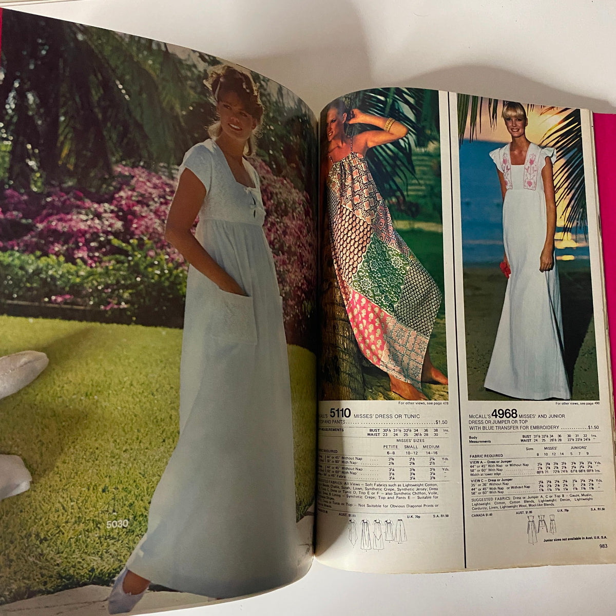 1975 July-August Carefree Patterns McCall's Catalog displaying a woman in a relaxed white dress along with various elegant summer dresses, portraying laid-back fashion styles.