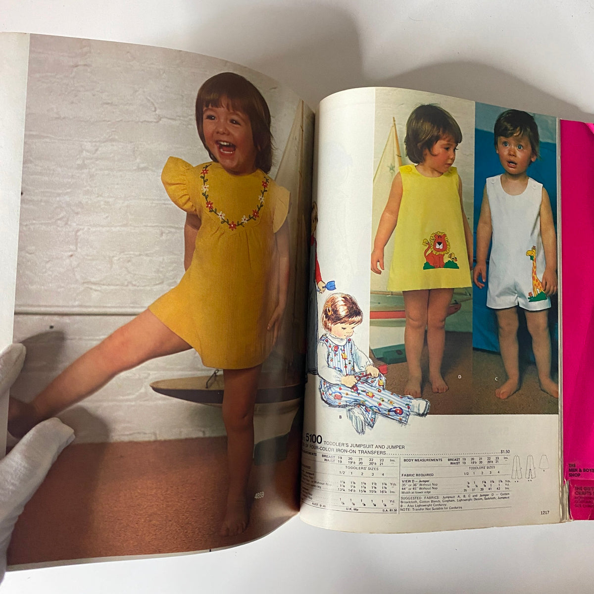 1975 July-August Carefree Patterns McCall's Catalog illustrating a joyful child in a bright yellow dress with floral embroidery alongside simple children's outfits, focusing on easy sewing projects.