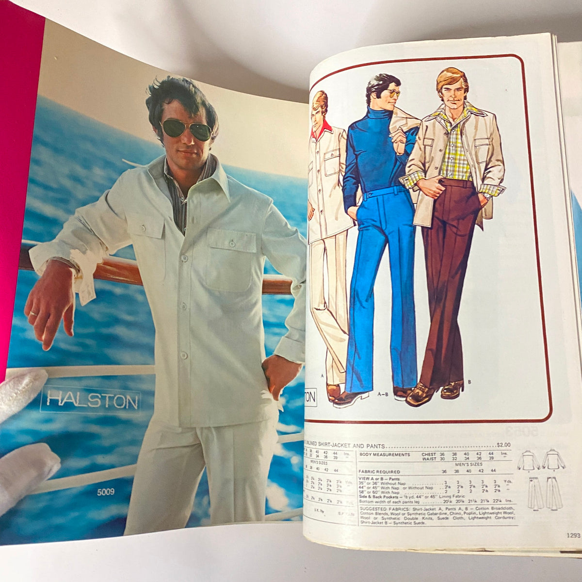 1975 July-August Carefree Patterns McCall's Catalog highlighting a man in a stylish leisure suit with varying options modeled by men, underscoring 1970s men's fashion choices.