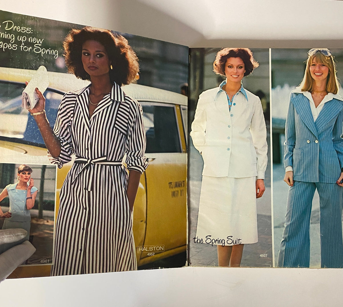 Interior pages of the 1976 April Carefree Patterns McCall's Spring Catalog displaying models in stylish spring outfits, highlighting patterns for contemporary fashion.
