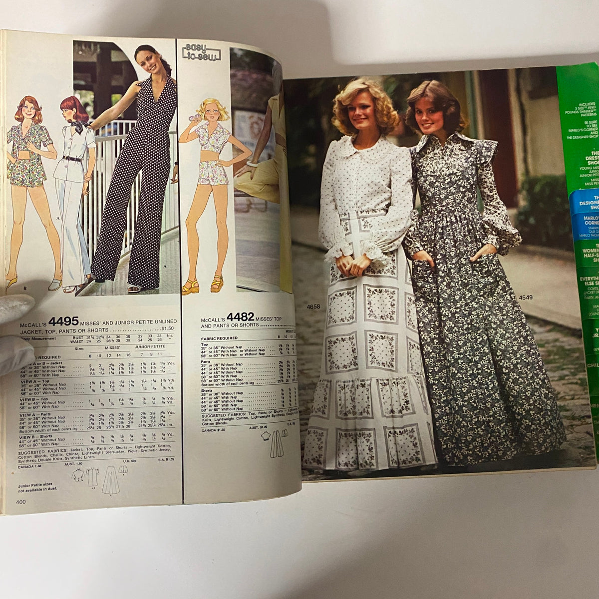 1976 April Carefree Patterns McCall's Spring Huge Store Retail Counter Catalog featuring multiple easy-to-sew patterns for women's dresses, jumpsuits, and casual outfits typical of the vibrant 1970s look.