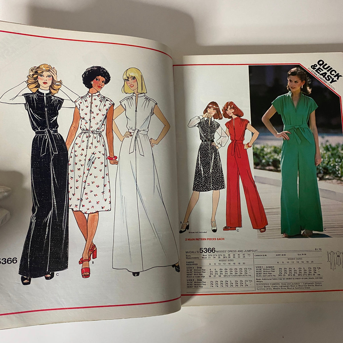 Inside page of the 1977 July Carefree Patterns McCall's Catalog featuring illustrated dresses and jumpsuits, highlighting vintage summer fashion patterns.