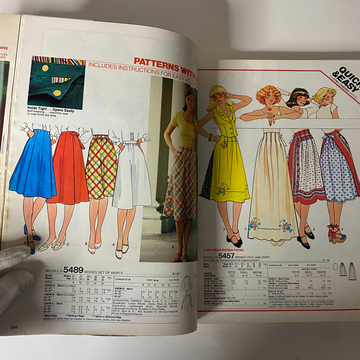 Inside pages of the 1977 July Carefree Patterns McCall's Catalog showcasing sewing patterns for skirts and dresses, featuring easy-to-sew designs for summer fashion.