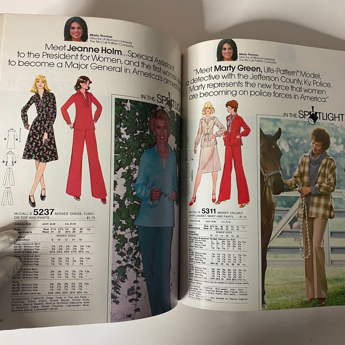 Profile of notable women in the 1977 July Carefree Patterns McCall's Catalog alongside fashion illustrations, celebrating empowerment and style.