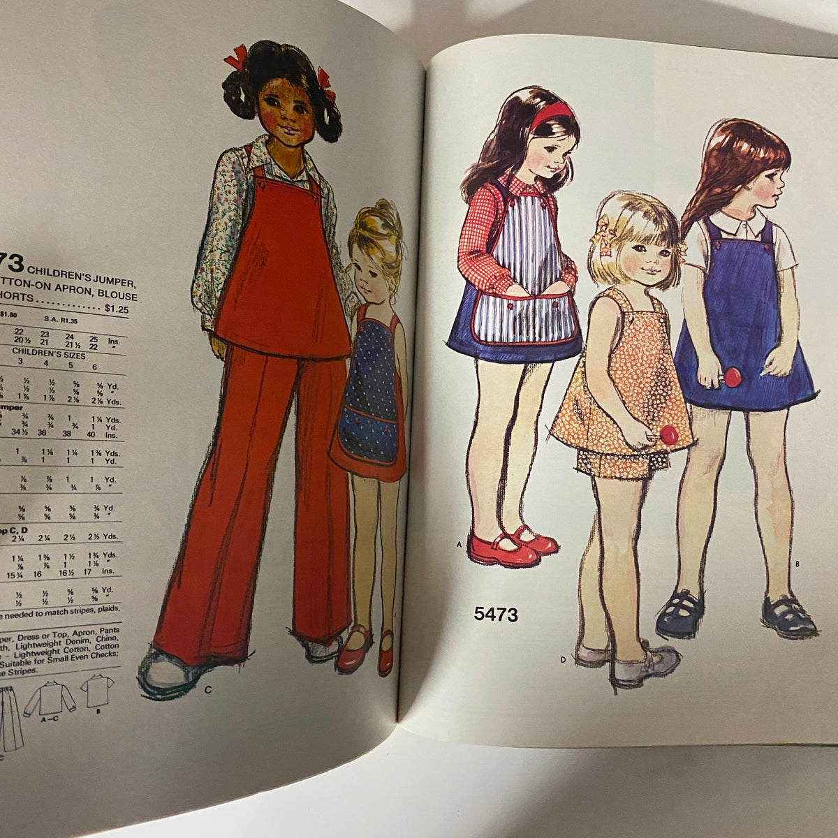 Illustration from the 1977 July Carefree Patterns McCall's Catalog featuring children's summer outfits, including a red overall jumper, casual dresses, and playful shorts.