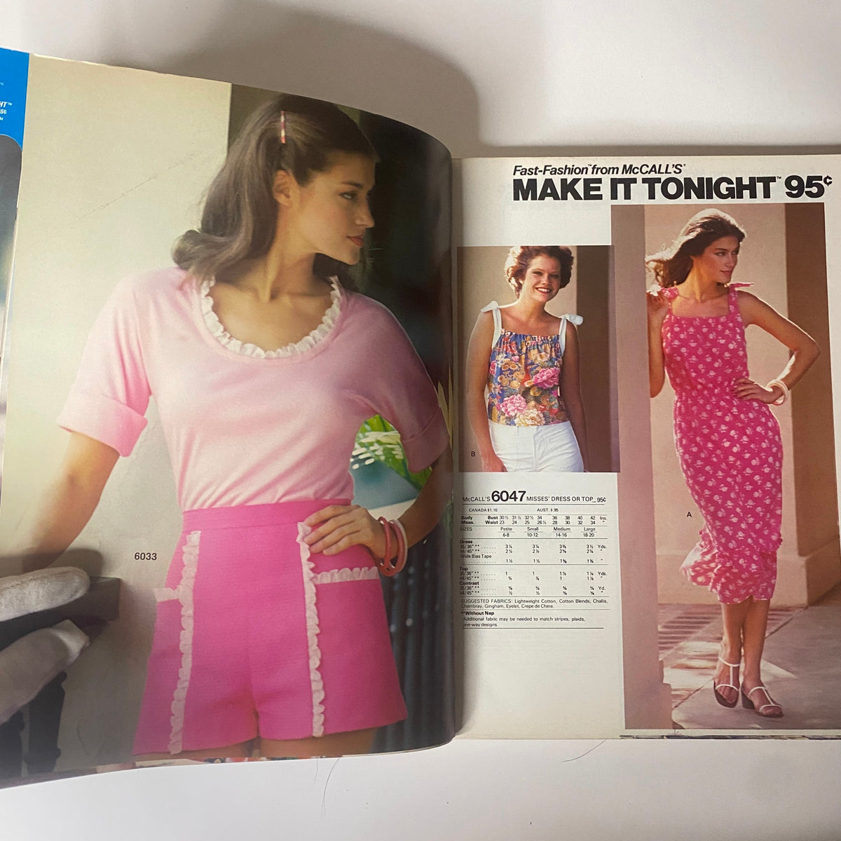 Two models displaying vintage summer styles including a pink outfit and floral top from the 1970s June Carefree Patterns McCall's Huge Store Retail Counter Catalog.