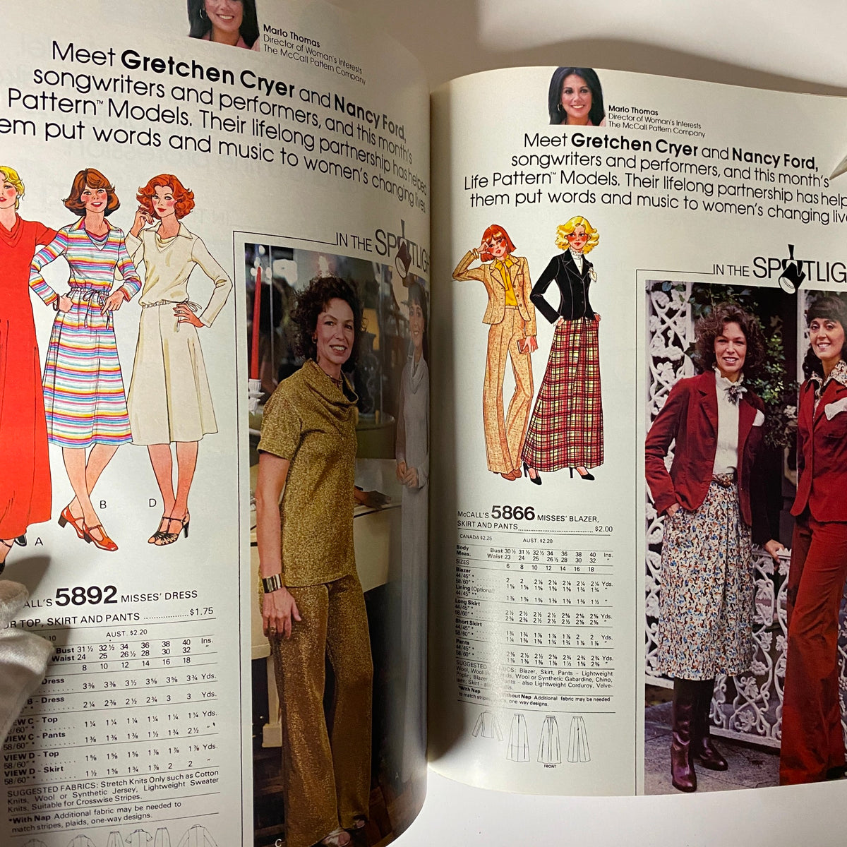 Feature on songwriters Gretchen Cryer and Nancy Ford along with illustrated models wearing 1970s patterns from the June Carefree Patterns McCall's Huge Store Retail Counter Catalog.
