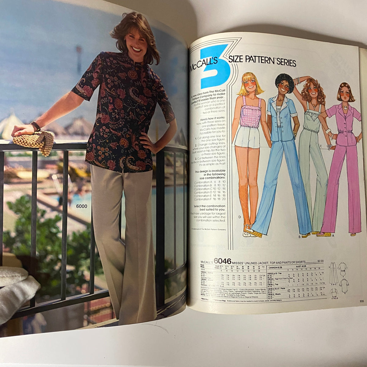 1970s June Carefree Patterns McCall's catalog showcasing a woman wearing a floral top with wide-leg pants, alongside illustrated sewing patterns including jackets, tops, and pants.