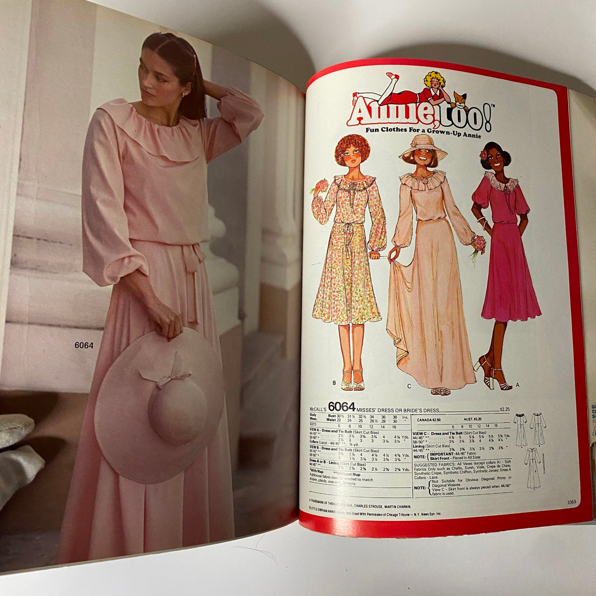 1970s June Carefree Patterns McCall's catalog featuring a model in a pink dress with ruffled sleeves, next to illustrated patterns for dresses and hats designed by Annie.
