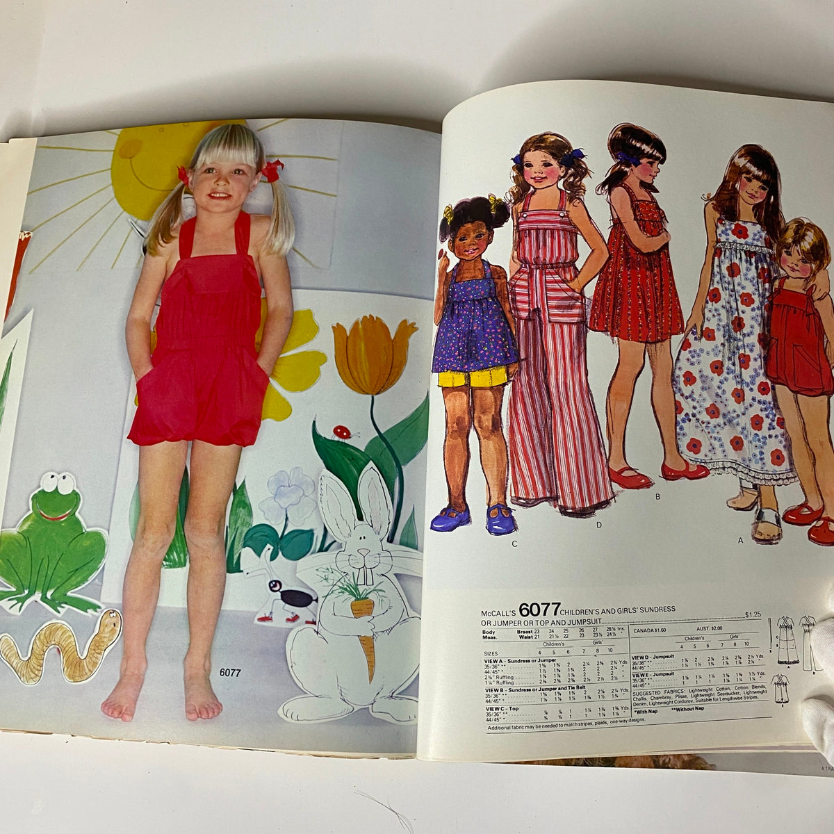 1970s June Carefree Patterns McCall's catalog featuring a child in a red sundress with matching hair ribbons, alongside illustrated options for children's sundresses and jumpers.