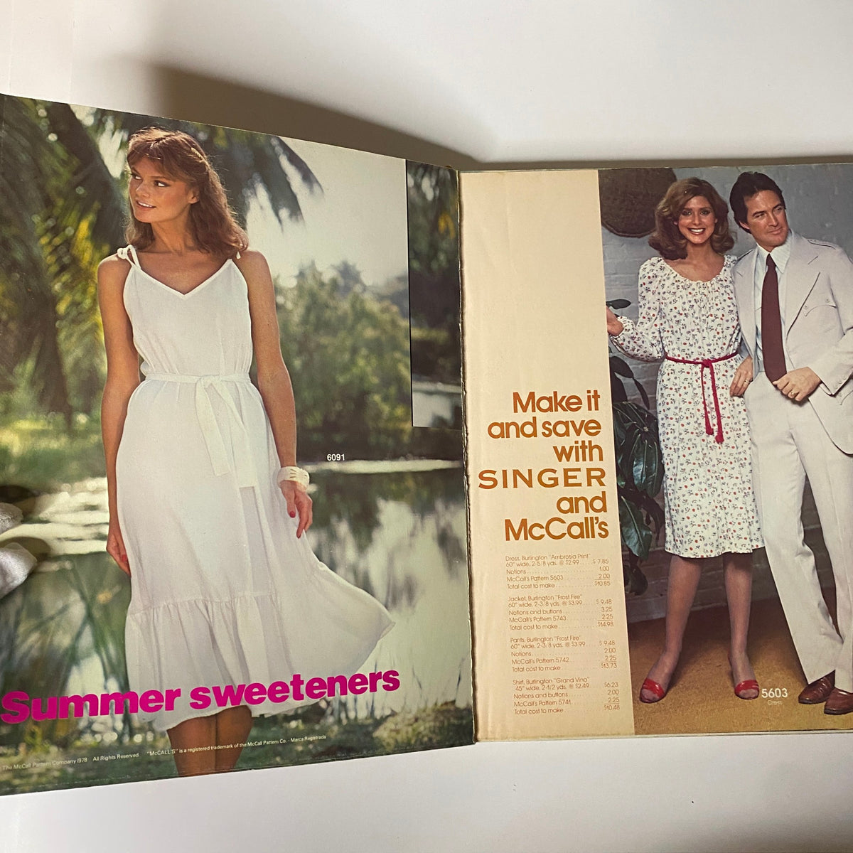 Inside of the 1977 July Carefree Patterns from McCall's Summer Catalog displaying summer dress patterns and accessories.