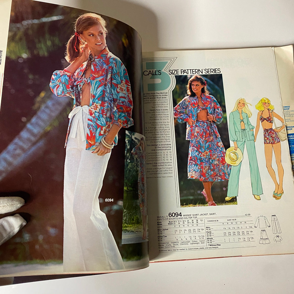 1977 July Carefree Patterns from McCall's Summer Catalog displaying vibrant tropical shirt and skirt styles, depicting popular summer fashion of the late 1970s.
