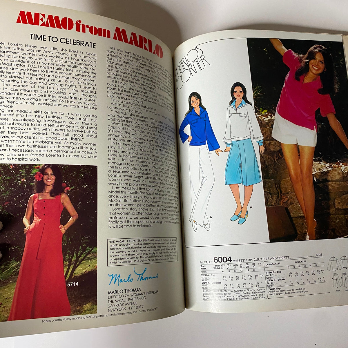 1977 July Carefree Patterns from McCall's Summer Huge Store Retail Catalog featuring a fashion spread with Marlo Thomas showcasing summer styles, including pants, top, and shorts.