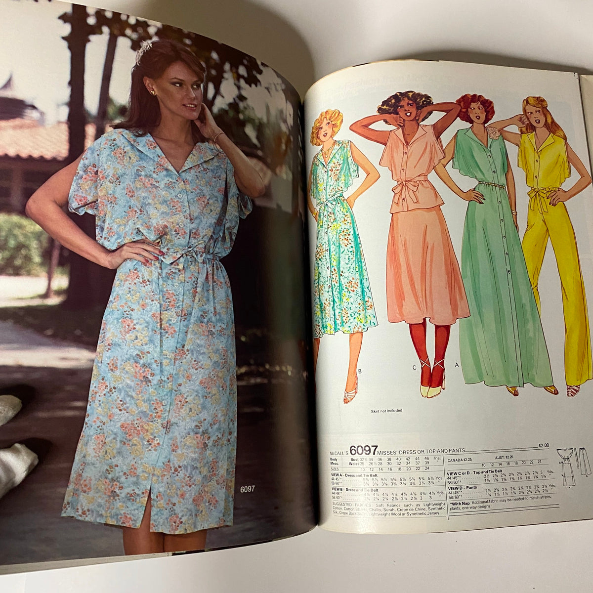 1977 July Carefree Patterns from McCall's Summer Huge Store Retail Catalog displaying a model in a floral dress next to pattern illustrations for Misses’ dresses and tops.